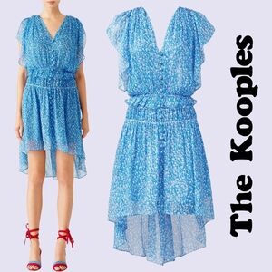 The Kooples Floral Print Silk Blue High-Low Dress Ruffles Flowy Lightweight L/XL